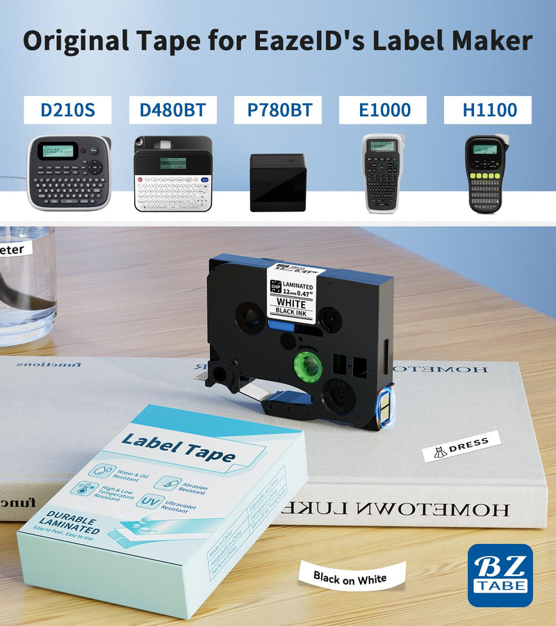 12mm 0.47 Laminated White Label Tape Relpacement for TZe-231 TZ-231 Brother Label Maker Tape, BZ Black on White Label Tape Compatible with Brother P Touch Label Maker PT-D210 PT-H110 PT-D220, 4 Pack