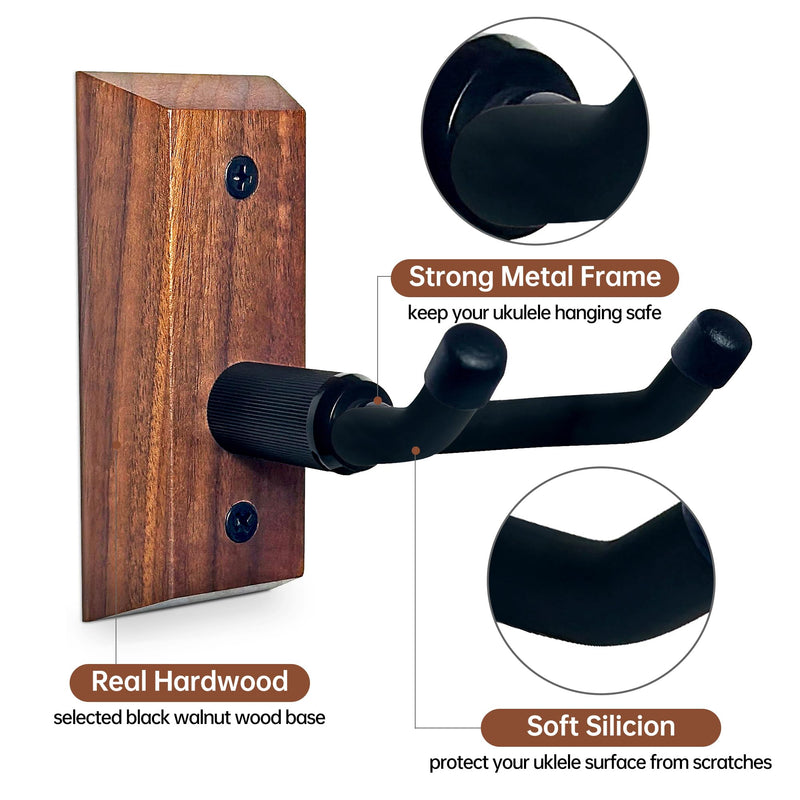 Ukulele Wall Mount Hanger, Black Walnut Hardwood Upgrade Ukulele Hanger Holder For Concert Pineapple Soprano Tenor Baritone Mandolin and Banjo, Ukulele Wall Hook Display For Home, Studio, Concert.