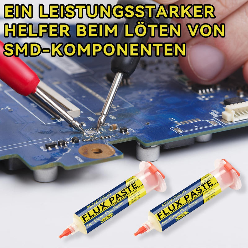 prowithlin Flux Soldering, 60 ml, Pack of 2 Soldering Paste with 2 Needles, 1 Pusher & 1 Syringe, 60 g No Clean Solder with Flux for BGA/IC/CPU/PCB/SMD 2 Pack