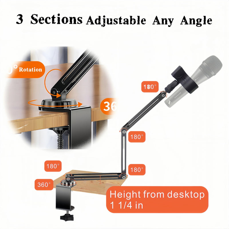 Low Profile Mic Boom Arm Stand 360° Rotatable Adjustable Compact and Foldable Table Microphone Arm Holds 2.5kg with 3/8" to 5/8" Screw Adapter for Game Streaming Podcast Broadcast (C Clamp Mount) C Clamp Mount