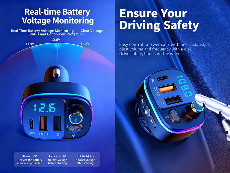 [AUSTRALIA] - TISONNY Bluetooth FM Transmitter for Car, with Dual Fast Charging (QC3.0 & PD 20W), Qualcomm 5.0 Chip, Hands-Free Calling, Support USB/TF Card Playback, Plug and Play for All Cars Black FM Transmitter T65 