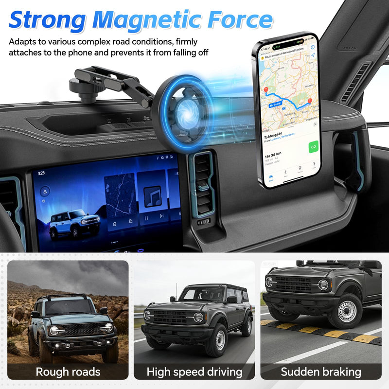 Magnetic Phone Mount for Ford Bronco 2021–2025 (2 & 4 Door), Dash Phone Holder Compatible with MagSafe iPhone 12–17 Series, 360° Adjustable, Easy Installation