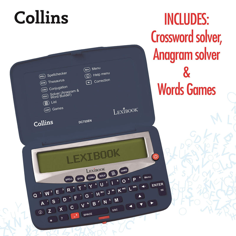 Lexibook - Collins English Dictionary, 13th Edition - Electronic Pocket Spellchecker, Thesaurus, Crossword Solver, Conjugation, Anagram Solver, Words Games, with Battery, Blue/White, DC753EN