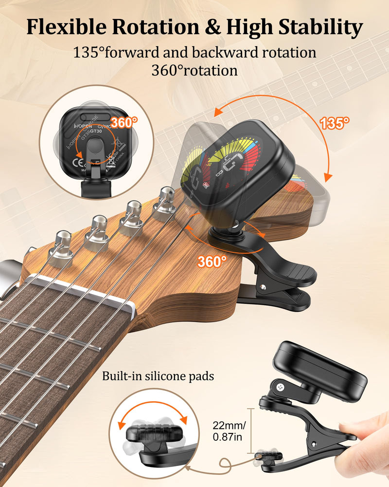 [AUSTRALIA] - New Bee Guitar Tuner Clip-On Rechargeable with Color Screen 360° Rotatable Acoustic Chromatic Open Tuning for Guitar, Bass, Ukulele, Violin, Cello(Black, 1 Pack) Black 