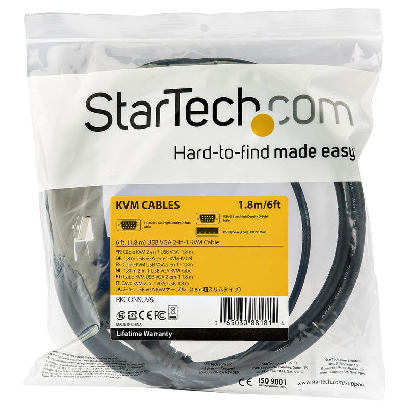 StarTech 6ft / 1.8m USB VGA KVM Console Cable for Rackmount, 1920 x 1200 | Crystal-clear high-definition picture, Fits variable rack configurations, Multiple lengths available
