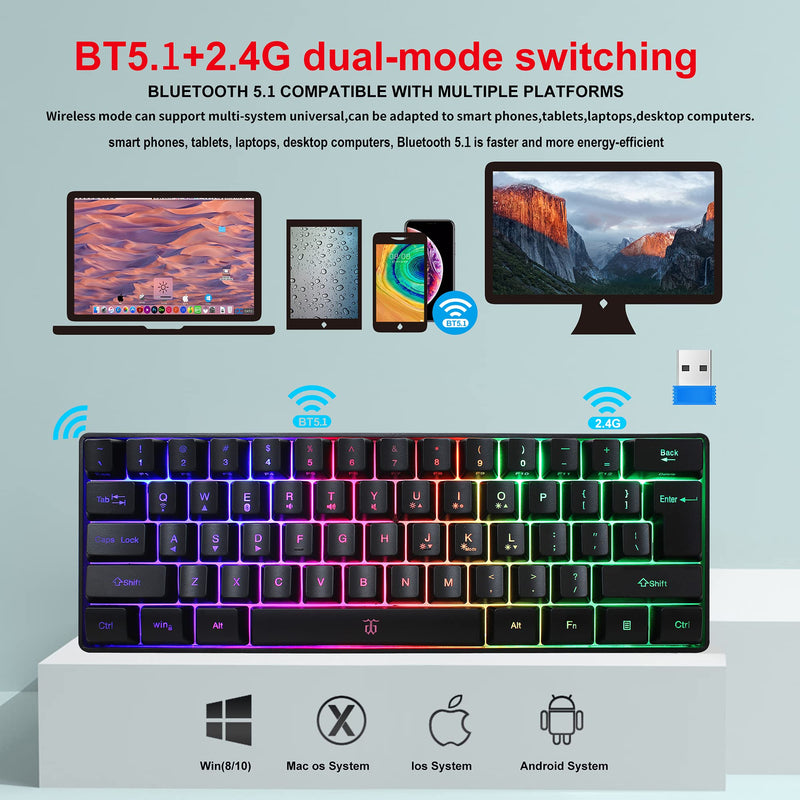 Snpurdiri 60% Wireless Gaming Keyboard,2200mAh Mini 61 Keys Mechanical Feeling Keyboard with Bluetooth 5.1&2.4G Wireless Dual Modes,Support Charging,Suitable for PC/Tablet/Smartphone Gamer,Black Black