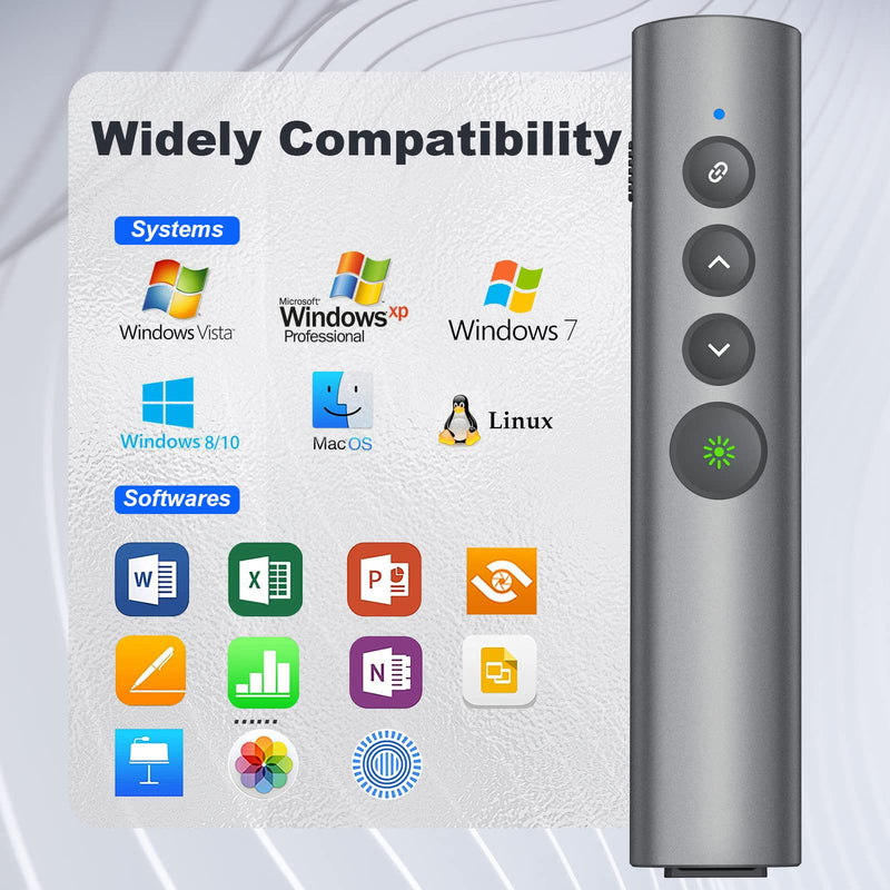 Aluminum Alloy Presentation Clicker with Green Laser Pointer | 2‑in‑1 USB/Type C Receiver Wireless Presenter Remote PowerPoint Clicker for Computer Laptop/PPT/Google Slides/Windows/Mac Metal 02 Green Laser