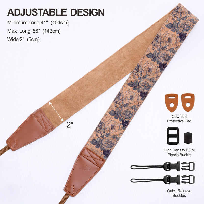 Padwa Lifestyle Cork Camera Strap - 2" Top Layer Cowhide Head Camera Straps for Photographers,Natural Log Crackle Art Print Style,Soft Chamois Velvet Padded Strap Quick Release fits All Cameras Blue Print Cork 2 inch Wide / Adjustable 41~56 inch
