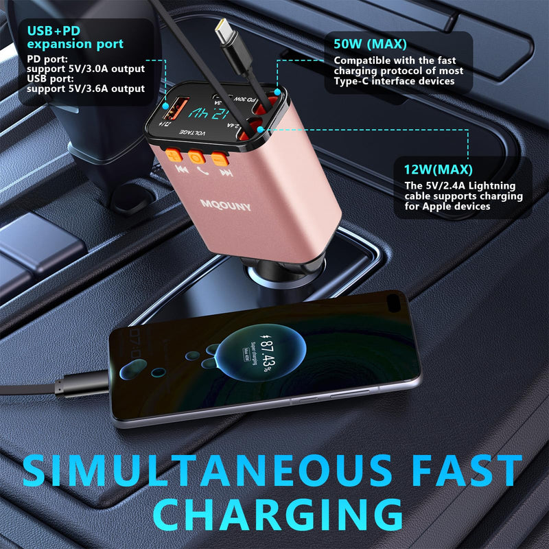 Retractable Car Charger,5 in 1 Fast Cars Phone Charger 60w,Bluetooth 5.3 FM Transmitter Adapter,Handsfree Call,MP3 Player,2 Retractable Cables and USB Chargers, for Phone,Galaxy,Pixel (Pink) Pink