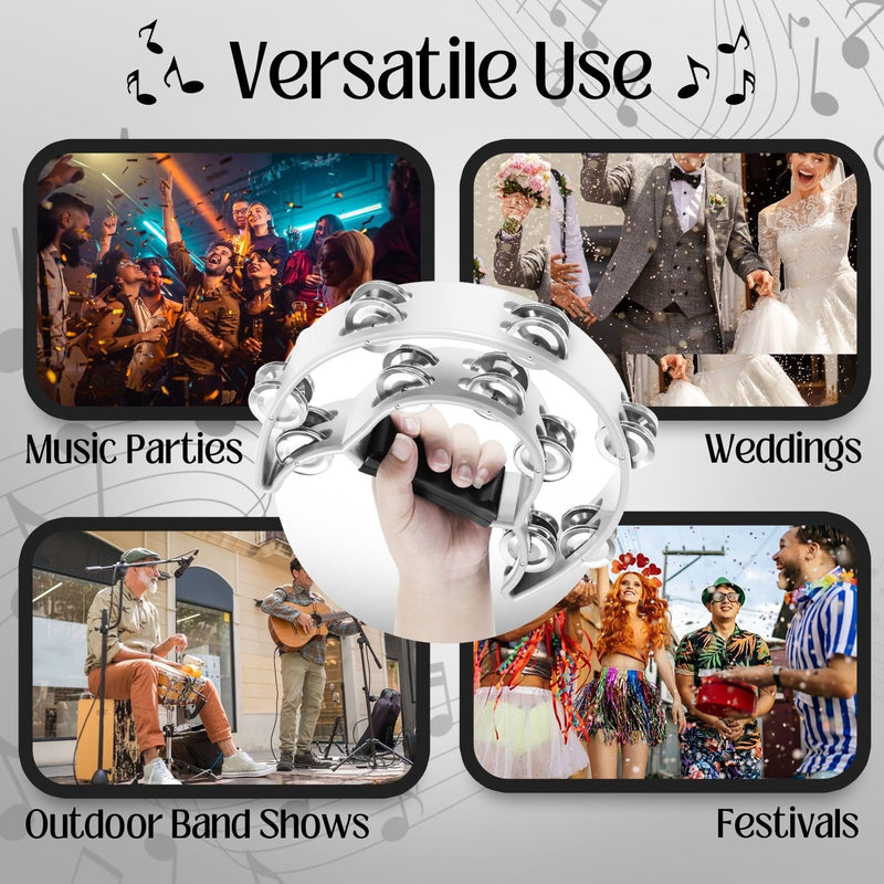 [AUSTRALIA] - Flexzion Tambourine Metal Half Moon Musical Instruments Double Row Metal Jingles Hand Held Instruments Percussion with Ergonomic Handle Grip, Tambourines for Adults, 2 Packs - White 