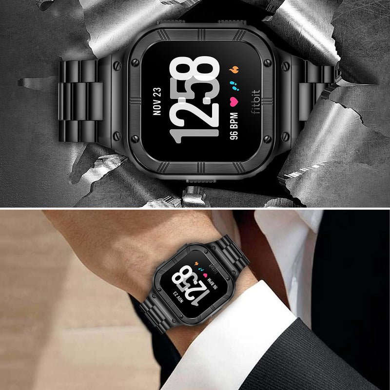 Metal Band Compatible with Fitbit Watch Versa 4/3/2/Lite Sense 2/1 | HASLFM Stainless Steel Strap with Case, Rugged Cover for Men. Black