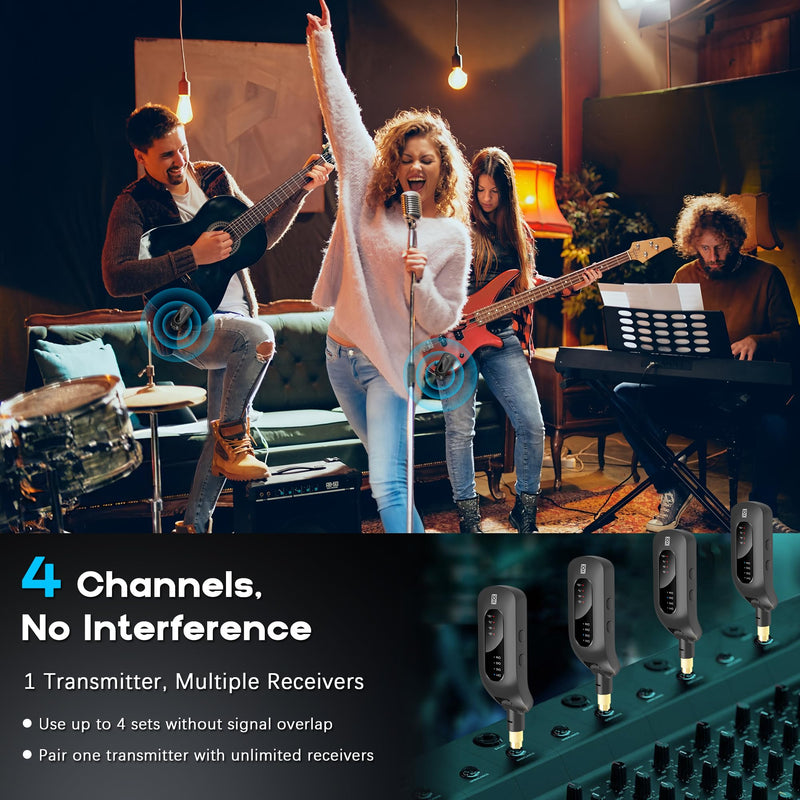 5.8GHz Wireless Guitar Audio System - Rechargeable Transmitter and Receiver with 4 Channels, Low Latency and Over 164ft Long Range Transmission, Compatible Guitar Bass Electric Instruments 5.8GHz