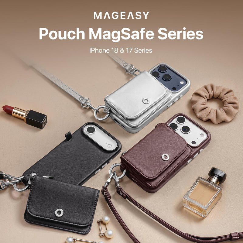 MAGEASY Pouch MagSafe Crossbody Wallet Phone Case for iPhone 17 Air 6.5", Removable Wallet with Strap Adjustable, Drop Protection Magnetic Purse Case, RFID Blocking Card Holder Coin Pocket (Silver)