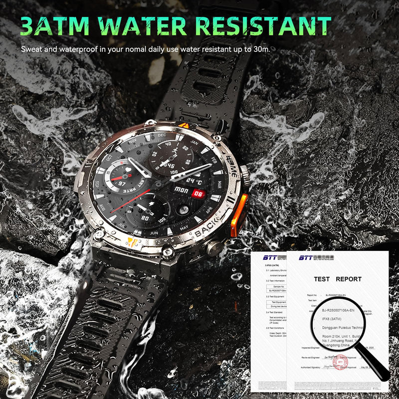 Military Smart Watches for Men Built-in GPS 3ATM Waterproof LED Flashlight | 1.45" Rugged Tactical Smartwatch with Compass/110+ Sports Modes Fitness Tracker with HR/SPO2/Sleep Monitor for iPhone Android Black orange