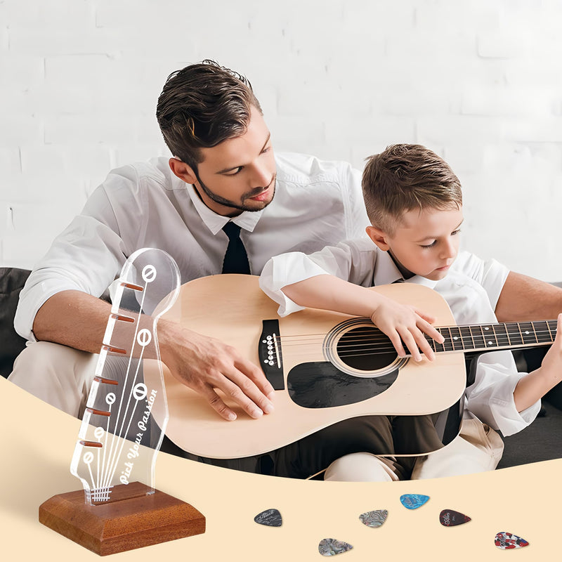 Light Up Guitar Pick Holder, Acrylic Electric Guitar Headstock Shaped Pick Holder with Wooden Base for Picks Storage and Display, Gift for Guitar Players Guitarists Guitar Pick Holder-a