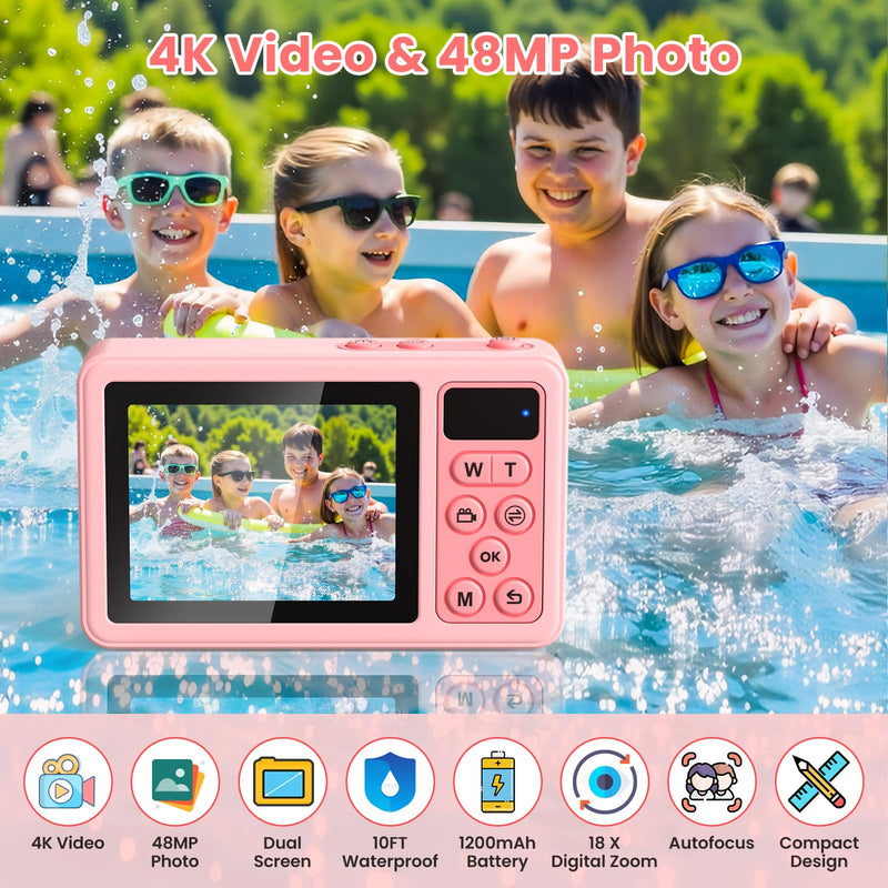 4K Waterproof Camera,10FT Underwater Digital Camera,48MP Floating Camera | for Snorkeling,Surfing,Swimming and Kayaking,Dual-Screen Selfie,Autofocus,18X Zoom,Fill Light,32GB Card,Type-C Rechargeable