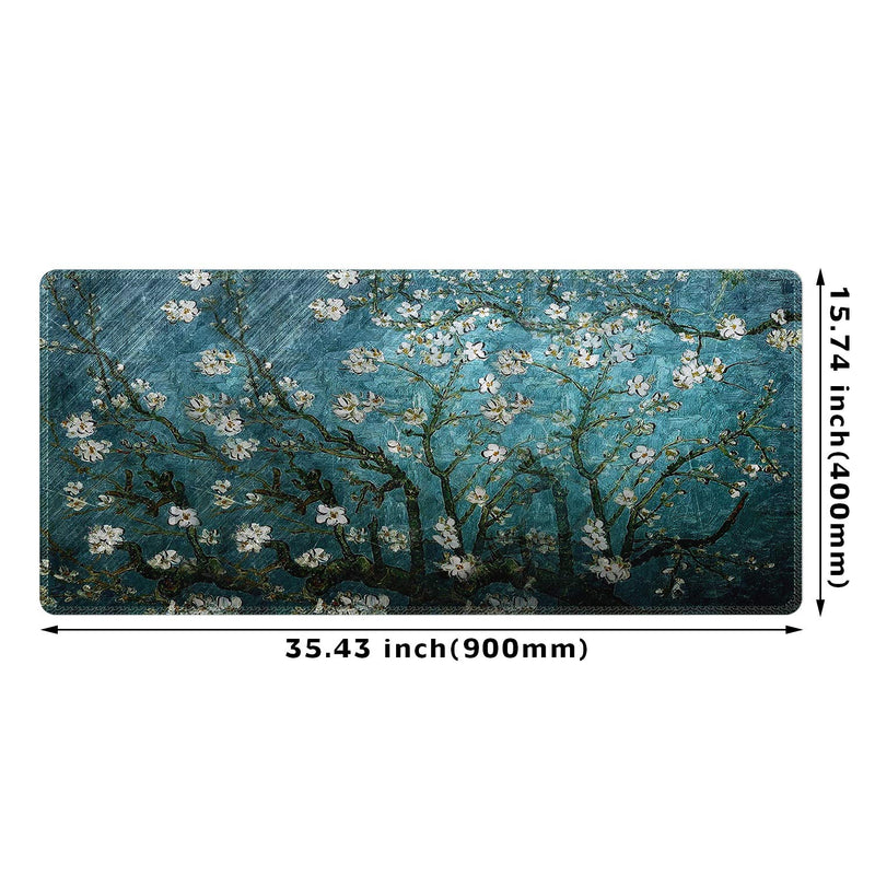 Meffort Inc Extra Large Extended Gaming Desk Mat Non-Slip Rubber Pads Stitched Edges Mouse Pad 35.4 x 15.7 inch - Vincent Van Gogh Almond Blossom