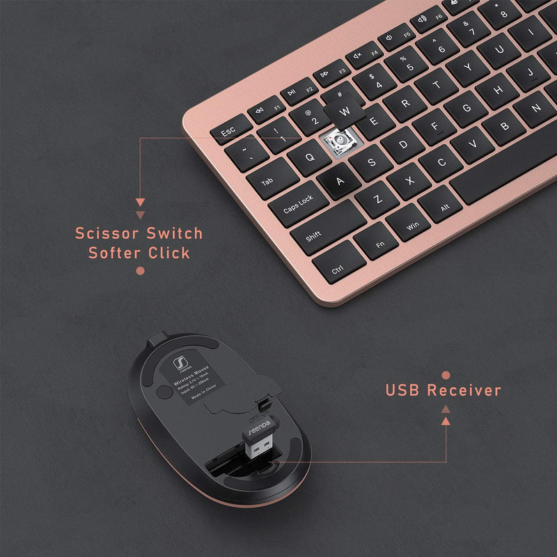 seenda Rechargeable Wireless Keyboard Mouse Combo Full Size Cordless Keyboard & Mouse Sets with Build-in Lithium Battery Ultra Thin Quiet Keyboard Mice (Black and Rose Gold) Black and Rose Gold