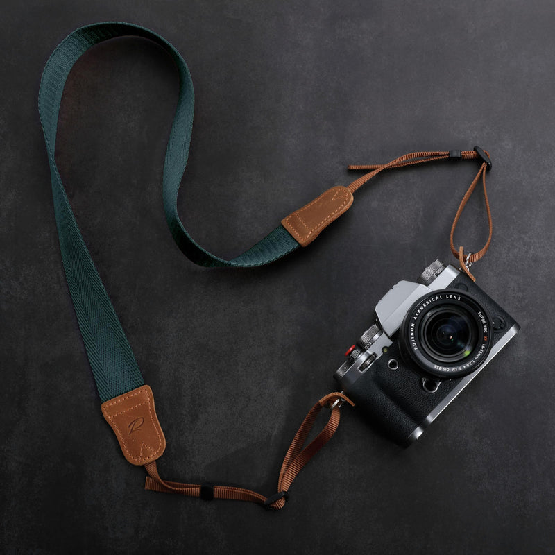 Padwa Lifestyle Dark Blue Green Camera Strap -Double Layer Crazy Horse Cowhide End,1.5" Wide Pure Cotton Woven Camera Straps,Adjustable Neck Shoulder Strap for All DSLR Cameras,Gift for Photographers A# - Dark Blue Green