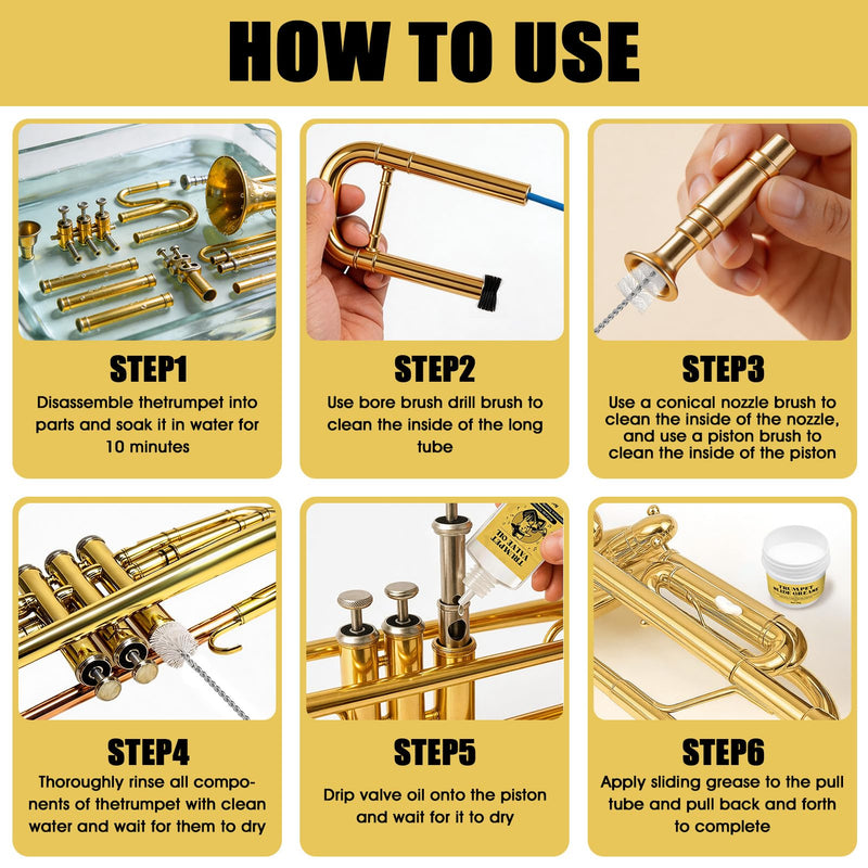 Trumpet Cleaning Kit, Trumpet Care Kit (Valve Oil, Slide Grease, Mouthpiece Brush, Bore Brushe, Piston Brush, Microfiber Cloth, Jnjector and Bent Tube Needle), Maintain Trumpet and Sound Quality
