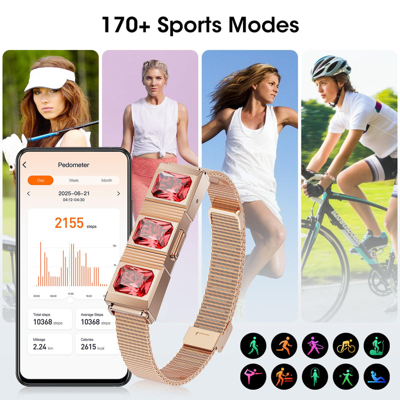 Women's Smart Bracelet with 2 Bands, Health Fitness Tracker, 24/7 Heart Rate/Blood Oxygen/HRV/Sleep Monitor, Fashion Ruby Wristband with Message/Call Reminder Free Subscription gold