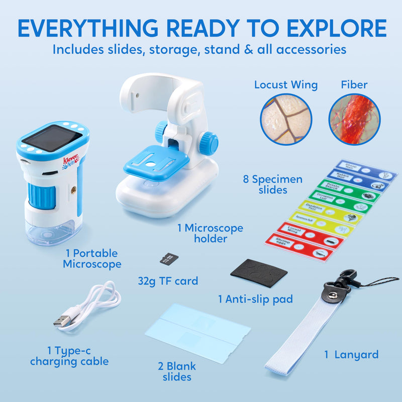 JOVA Klever Kits 2 in 1 Handheld Microscope for Kids, 1000X HD Digital Kids Microscope with 2.0'' LED Screen, Portable Pocket Handheld with Slides, 32G Card, Edu Gifts Toys for Ages 5-12