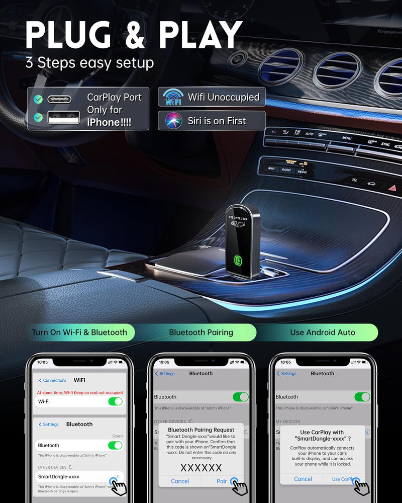 Wireless CarPlay Adapter- Mini Edition, Converts Factory Wired to Wireless CarPlay Dongle Plug & Play CarPlay Wireless Adapter for Apple iPhone iOS 10+ & Cars from 2015+(Brushed Cobalt Blue) Brushed Cobalt Blue