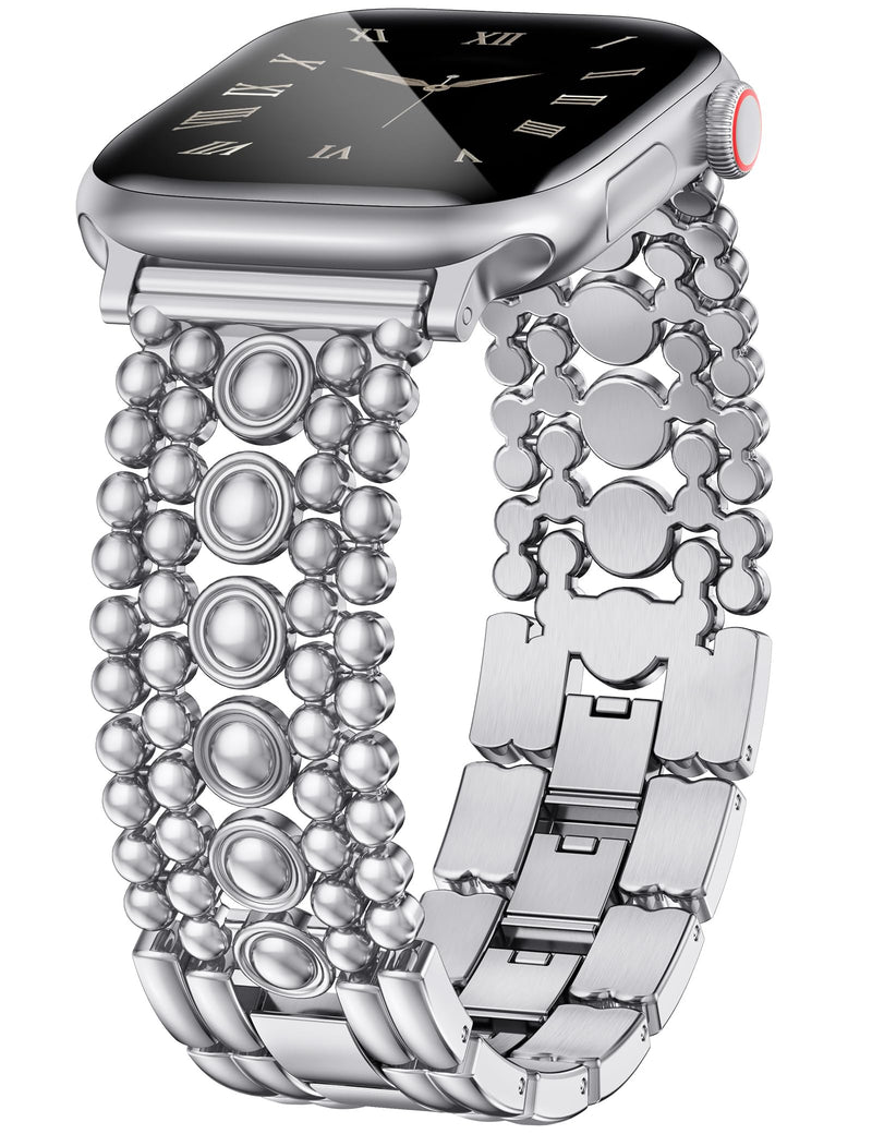 Minyee 2 Packs Band Compatible with Apple Watch Band Women 42/46/38/40/41/44/45/49mm, Celtic Knot Silicone Band & Dressy Pretty Stainless Steel Metal Fancy Studded Designer Link Bracelet