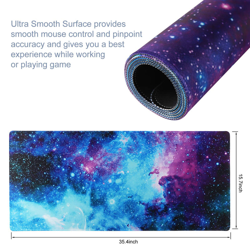 Extended Gaming Mouse Pad Mat Large Desk Mat Non Slip Rubber Base Computer Desktop Laptop Keyboard Mouse Mat with Stitched Edges, 35.1 x 15.75 in Long XXL Waterproof Mousepad for Work Game, Galaxy Nebula Galaxy