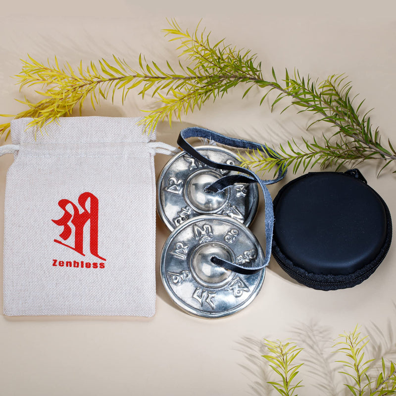 ZenBless Tibetan Tingsha Cymbals 2pcs, with Storage Box and Fabric Case, Meditation Sanskrit White Brass Chime Bells for Spiritual Healing Mindfulness, Yoga Buddhist, Relaxation Musical Instruments 2.75 in(7cm) Sanskrit(white brass)