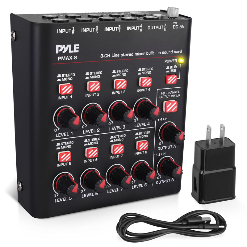 Pyle 8-Channel Wireless BT Streaming Mini Line Mixer with USB Audio Interface - 8 Mono/Stereo Switching Inputs | Ultra-low Noise Design with High Headroom | Built-in USB Sound Card - PMAX8