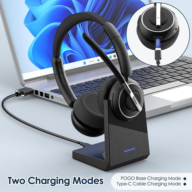 PrancyBt Upgraded Wireless Headset with Mic for Work, Bluetooth Headset with Noise Canceling Microphone with Dongle, Charging Base & Mic Mute, Wireless Headphones for Work from Home/PC/Computer