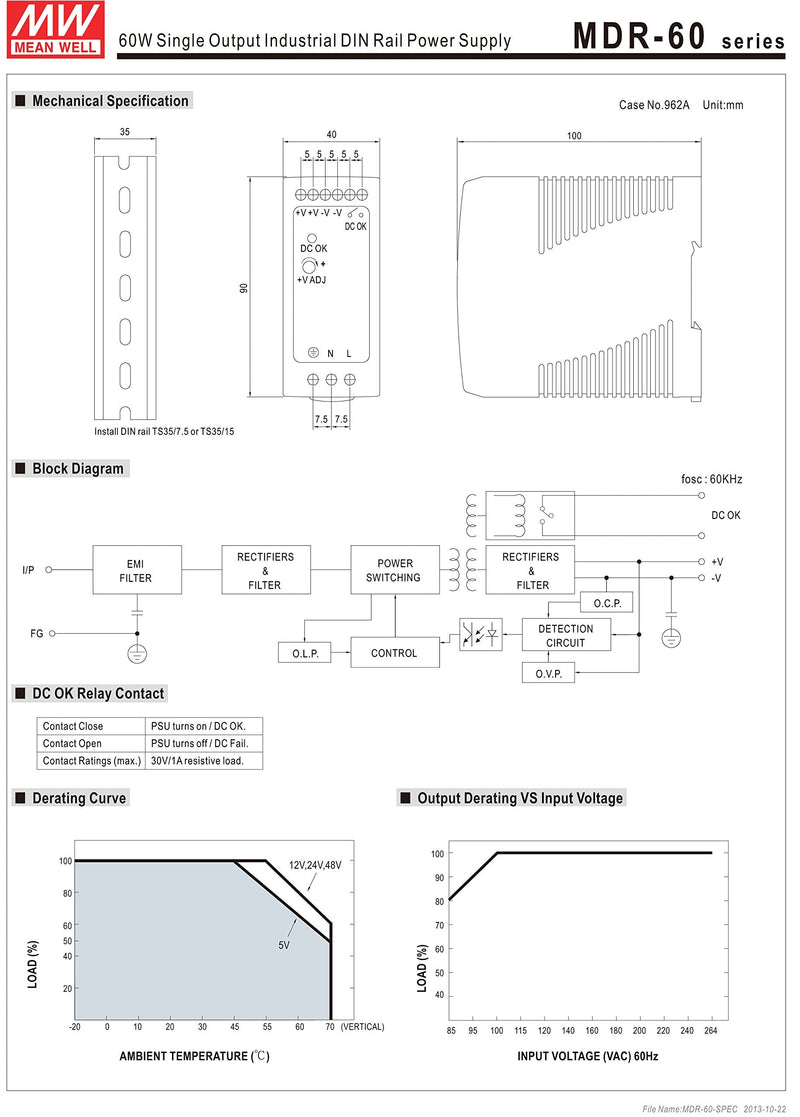 [PowerNex] Mean Well MDR-60-24 24V 2.5A 60W Single Output Industrial DIN Rail Power Supply