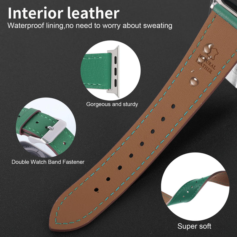 2 Pack Leather Bands(Red,Green) Compatible with Apple Watch 40mm 38mm 41mm 42mm 44mm 45mm 46mm 49mm, Soft Leather Watch Replacement Band for Watch Series Ultra SE 10 9 8 7 6 5 4 3 2 1 for Women Men