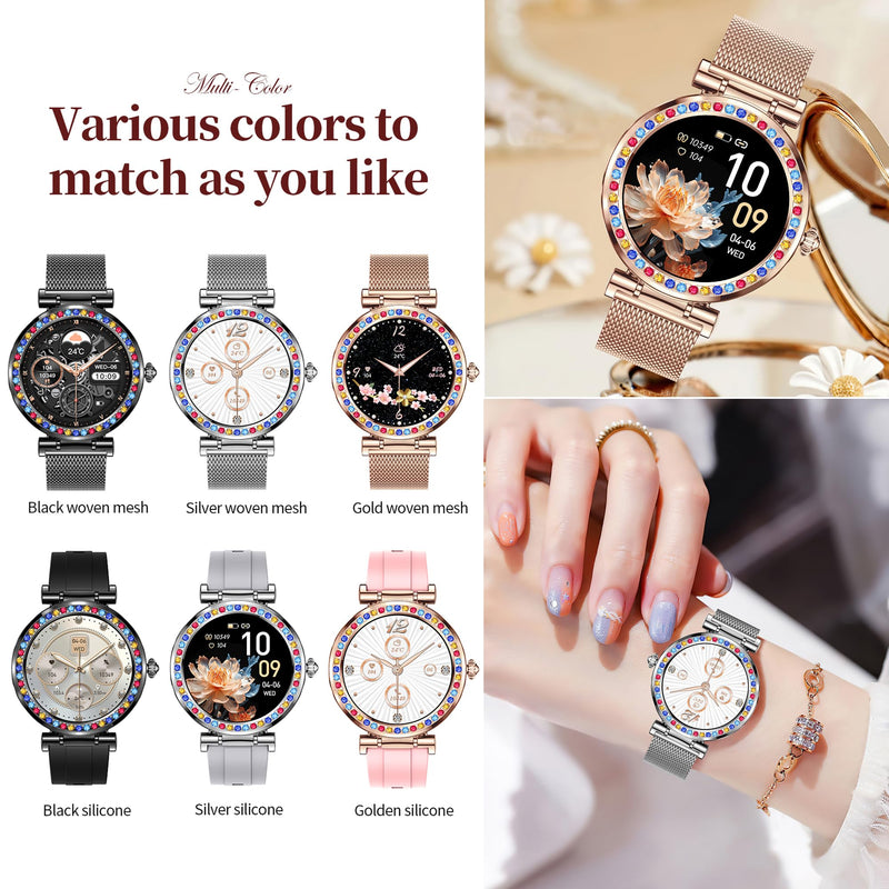 Smart Watch for Women(Answer/Make Calls), 5ATM Waterproof Fitness Watch Fitness Watch with Heart Rate/SpO2/Blood Pressure, Bluetooth Smartwatch for Android iPhone, with 2 Watch Bands (Gold) Gold