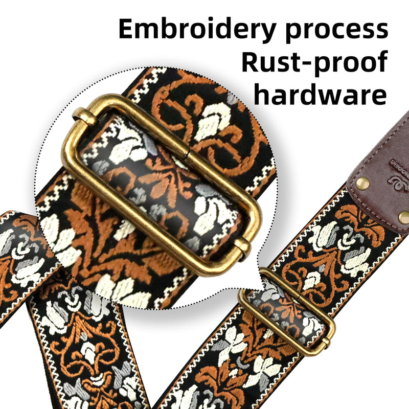 Guitar Strap, Jacquard Embroidered Cotton Guitar Straps with Double Sided Vegetable Tanned Cowhide Leather Ends for Bass, Electro Acoustic, Great Gift for Kids and Guitarists Brown Jacquard Lotus pattern jacquard in brown Adjustable 38-63 inches