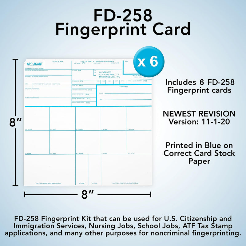 Made in USA - FD 258 Fingerprint Cards 2025, 6 pack - 11-1-20 Newest Version ATF ORI