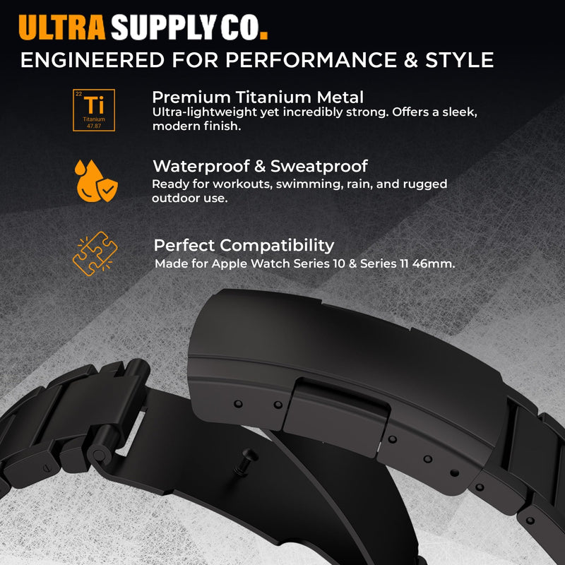 Jet Black Titanium Apple Watch Band for Apple Watch Series 11,10 (46mm) | Scratch Resistant Diamond-Like-Carbon Coating, Titanium Bracelet with Folding Clasp, Color Matching Natural Titanium
