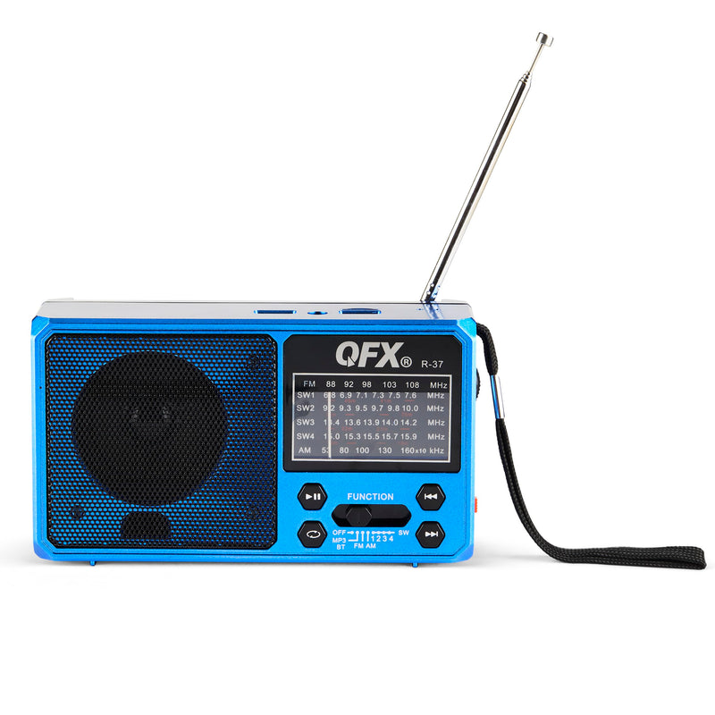 QFX R-37-BL 6-Band (AM, FM, SW1 - SW4) Bluetooth LED Flashlight Solar Radio (2021 Model)