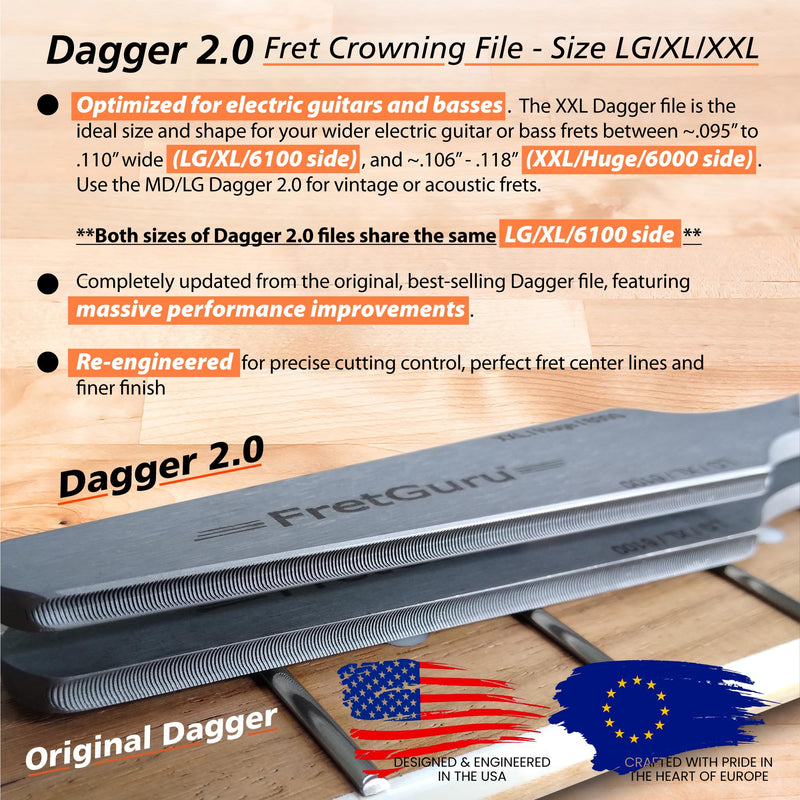FretGuru Guitar Fret Crowning File - Dual Sided Dagger 2.0 - LG/XL and XXL/HUGE - Ideal for Frets between .095" to .118" wide - Professional Luthier Tool for Electric and Bass Guitars Dagger 2.0 XXL
