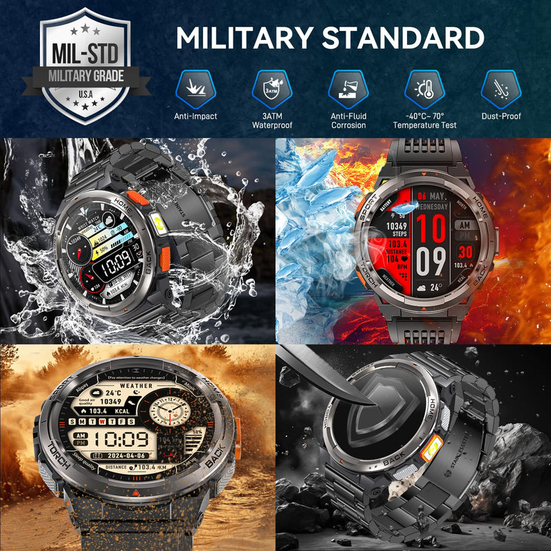 Military Smart Watches for Men with LED Flashlight Compass 3ATM Waterproof | Tactical Rugged Smart Watch with 1.45" HD, Sports Fitness Tracker with Heart Rate/SPO2/Sleep Monitor for Android & iPhone KE5-Orange Button