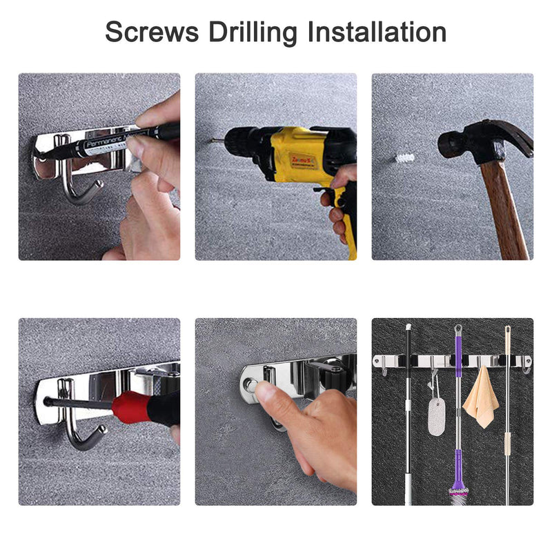 Mop Holder Stainless Steel Wall Mount Broom Tool Holder with 4 Hooks and 3 Quick Release for Home Kitchen Bathroom Garage Garden Black