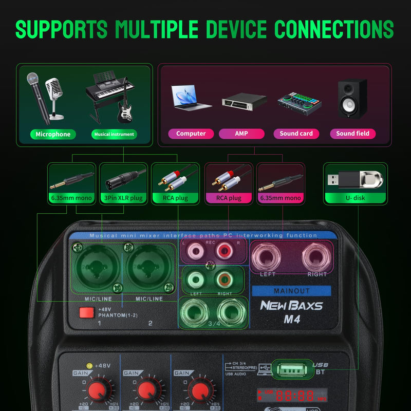 DJ Audio Mixer, DJ Mixers 4 Channel Sound Board with Bluetooth, NEW BAXS Sound Mixer Board XRL/1/4" Interface, USB/MP3 Computer Input 48V Phantom Power Stereo DJ Studio Streaming KTV Stage