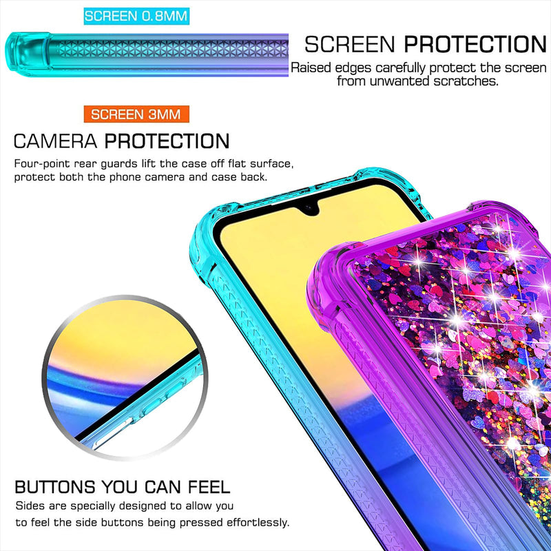 for Galaxy A15 5G Phone Case,Samsung Galaxy A15 5G Case,with HD Screen Protector,Gradient Quicksand Glitter Liquid Floating Cute Phone Case for Samsung A15 5G (Teal/Purple) Y Teal/Purple