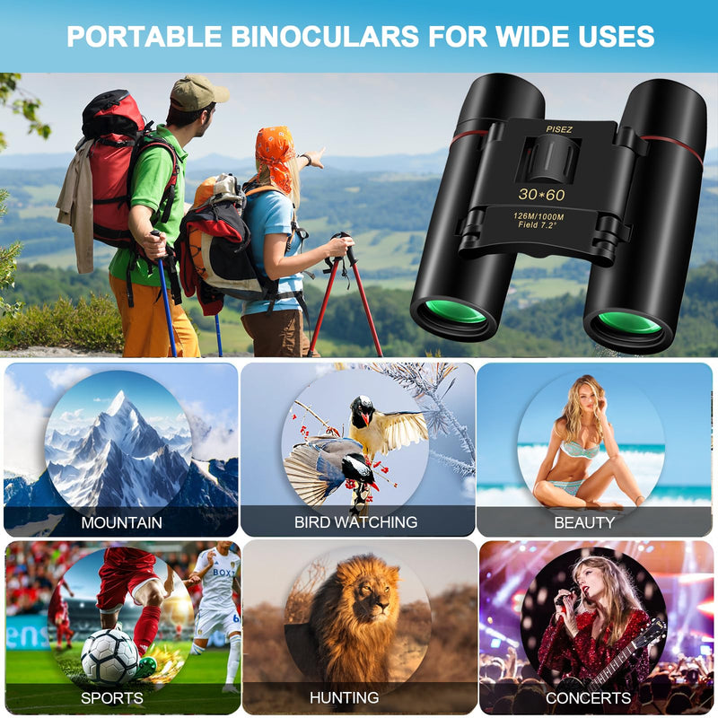 PISEZ 30X60 Compact Binoculars for Adults and Kids，Lightweight Foldable Easy Focus Small Binoculars for Bird Watching Hunting Concert Traveling Theater Opera Sightseeing black