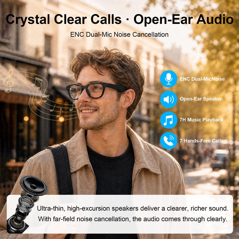 AI Smart Glasses with 1080P Video, Real-Time Translation and Open-Ear Audio | 8MP Photo Camera and AI Voice Assistant with Dual-Mic and WiFi Transfer. Swappable Lenses for Travel, Meetings and Daily Use