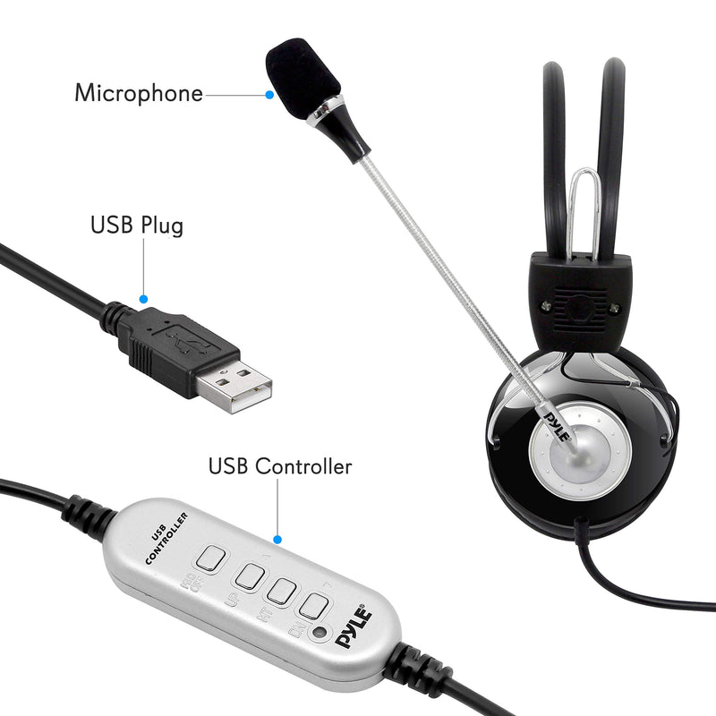 Multimedia Gaming USB Mic Headset - Over Ear Professional Wired Headphone w/ Noise Cancelling Mic, 3D 360 Stereo Surround Sound - PC Gaming Console - Game, Skype Chat, Call Center - Pyle Home PHPMCU10