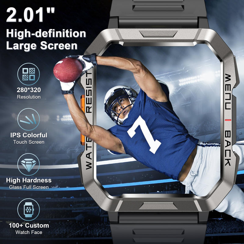 Military Smart Watch for Men(Answer/Make Call), Outdoor Sports Smartwatch with Flashlight/100 Days Battery/Compass/Heart Rate/SpO2/Sleep Monitor/2 Straps, Fitness Tracker for iPhone/Android Phones W60 Black