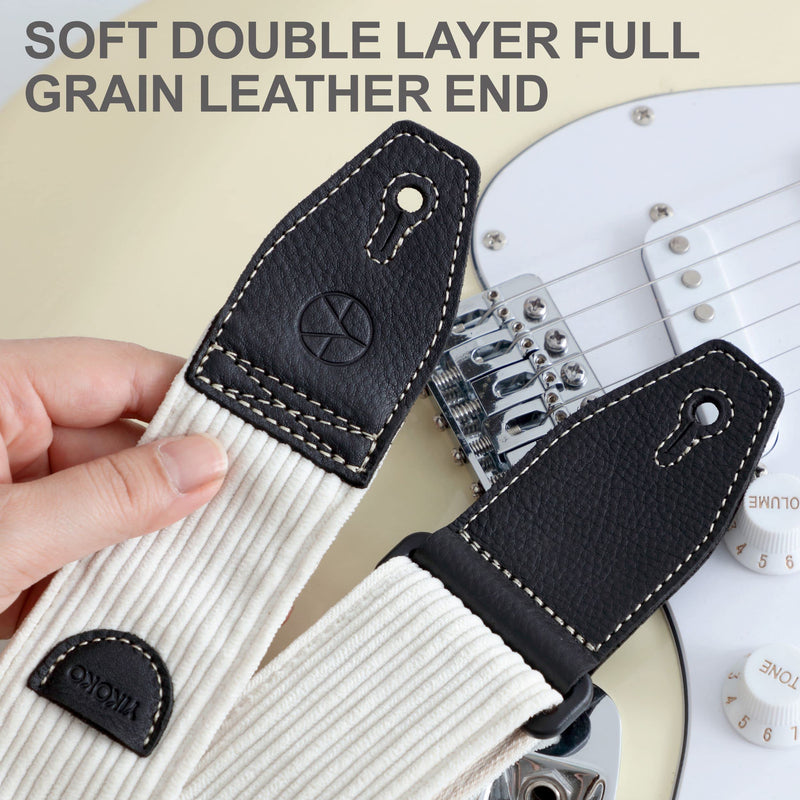 Guitar Strap 2 inch Corduroy Guitar Straps with Full Grain Leather End, for Bass Electric and Acoustic Guitars, Free Strap Button, 2 Strap Locks and 4 Guitar Picks Corduroy Series White