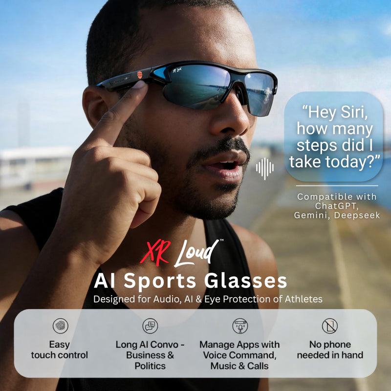 XR Loud™ Athletes AI Glasses, Cycling Multi-Sports Bluetooth Smart Glasses, ChatGPT-Claude-Gem, iThinkLoud, Privacy-Friendly IPX4 UV400 Polarized Anti-Bluelight Noise Reduct Siri Android Voice Assist